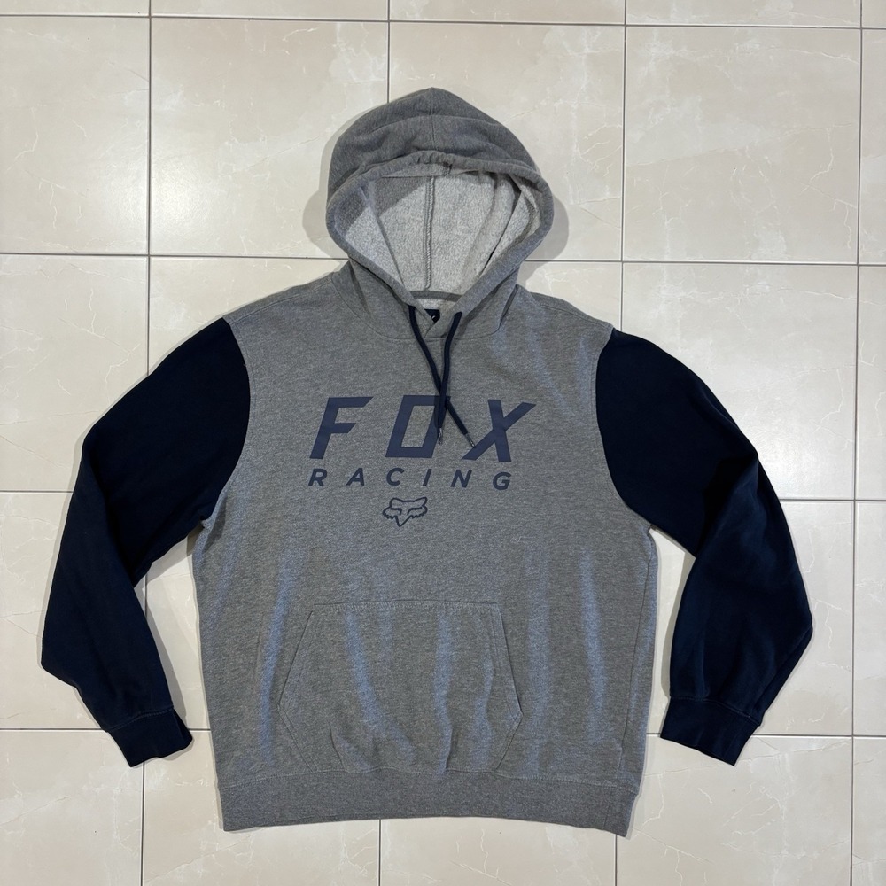 Vintage Fox Racing Hoodie Sweatshirt Men's L Grey Navy Racing Bmx Dirt Bike Y2K